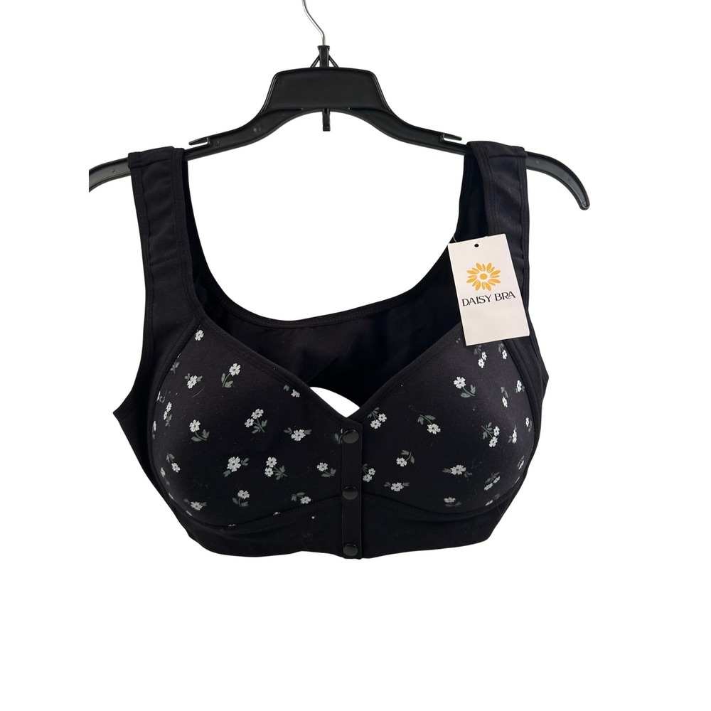Daisy Bra Front Closure Bralette 2XL Black Floral Wireless Comfort Women